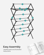 SONGMICS Foldable Clothes Drying Rack, Laundry Drying Rack, Clothes Airer, Steel Frame, 14.6 x 29.5 x 53.2 Inches, Easy Assembly, Indoor Outdoor Use, Black ULLR770B01