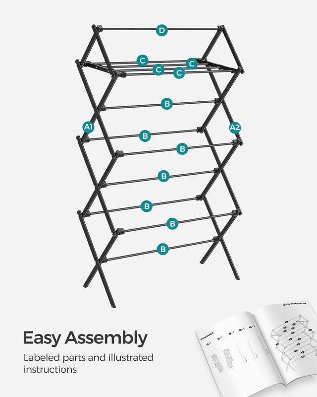 SONGMICS Foldable Clothes Drying Rack, Laundry Drying Rack, Clothes Airer, Steel Frame, 14.6 x 29.5 x 53.2 Inches, Easy Assembly, Indoor Outdoor Use, Black ULLR770B01