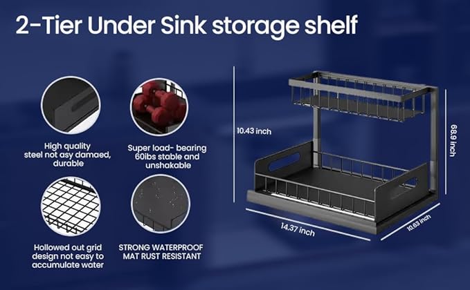2 Tier Under Sink Storage & Organisation, Under Bathroom Cabinet Storage, Kitchen Sink Organiser Rack, Multi-purpose Under Sink Shelf Organizer (Black)