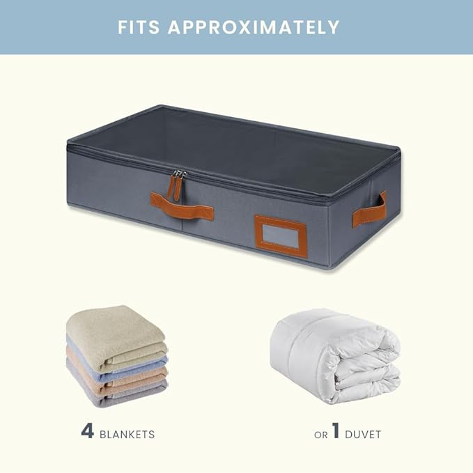 OrganiHaus Under Bed Storage Containers, Bedroom Storage and Organization Bins, Clothes Organizer for Closet with Clear Cover and Reinforced Handles - Set of 2 23.5x12.5x5 inches Gray