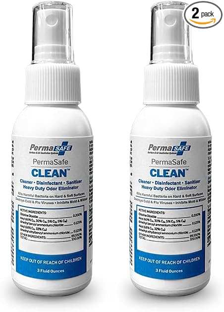 PermaSafe CLEAN, All-Purpose Hospital Disinfectant Cleaner; No Rinse, Hard, Soft & Food Contact Surface Sanitizer; Mold, Mildew and Fungi Killer; Odor Eliminator; Allergen Remover & More-3 Fl Oz-2 Pk