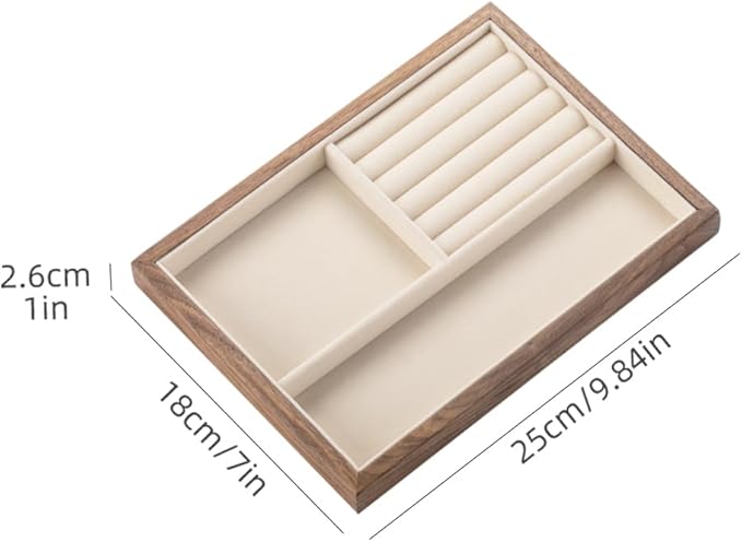 Black Walnut Wood Jewelry Tray with Velvet Lining, Multi-Functional Jewelry Organizer for Rings, Earrings, Necklaces & Bracelets, Drawer Jewelry Storage & Display Tray
