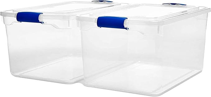 HOMZ 2-Pack Latching Lid, Large Clear Plastic Storage Bins with Lids, 66 Quart, Blue Latch - Stackable Container Boxes for Home, Bathroom, and Office Organization