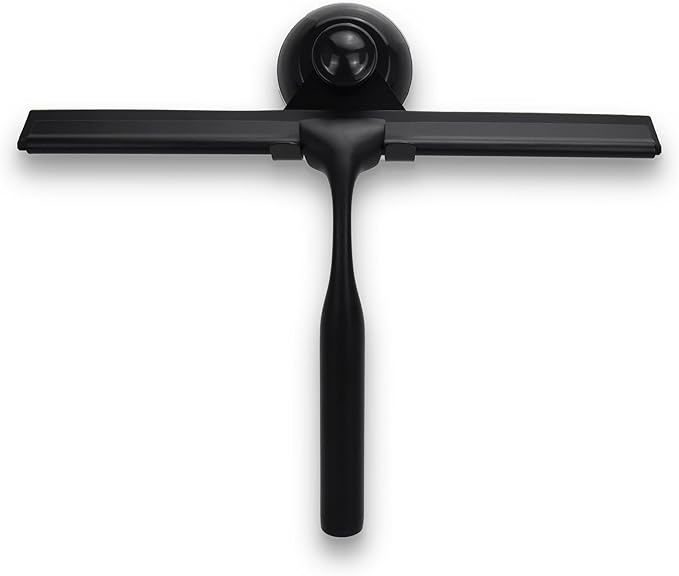 Matte Black Shower Squeegee for Glass Doors with Adhesive Hooks, Squeegee for Shower Glass, Cleaner Tool for Bathroom Household Window Mirror Tile Wall Car, 10 Inch Black