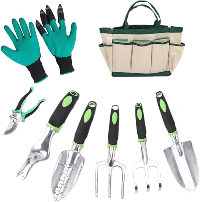 Garden Tool Set, 8 Pcs Heavy Duty Aluminum Rustproof Gardening Hand Tools，with Non-Slip Rubber Grip,Durable Storage Tote Bag,Outdoor Hand Tools, Idea for Transplanting, Weeding, Digging and Planting