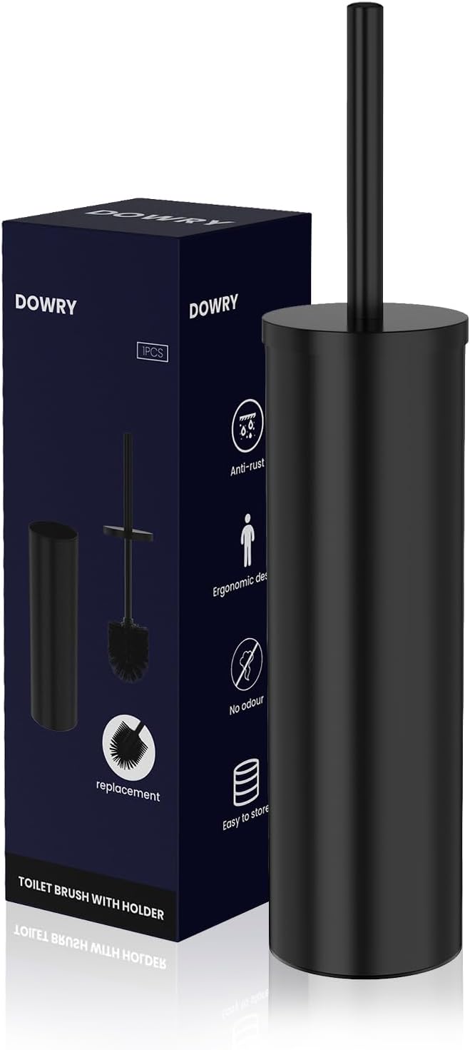 DOWRY Toilet Bowl Brush and Holder for Bathroom, Deep Cleaning Toilet Brush and Holder Set with Long Handle, Hidden Toilet Bowl Brush with Replaceable Head,Modern Decor Black Round