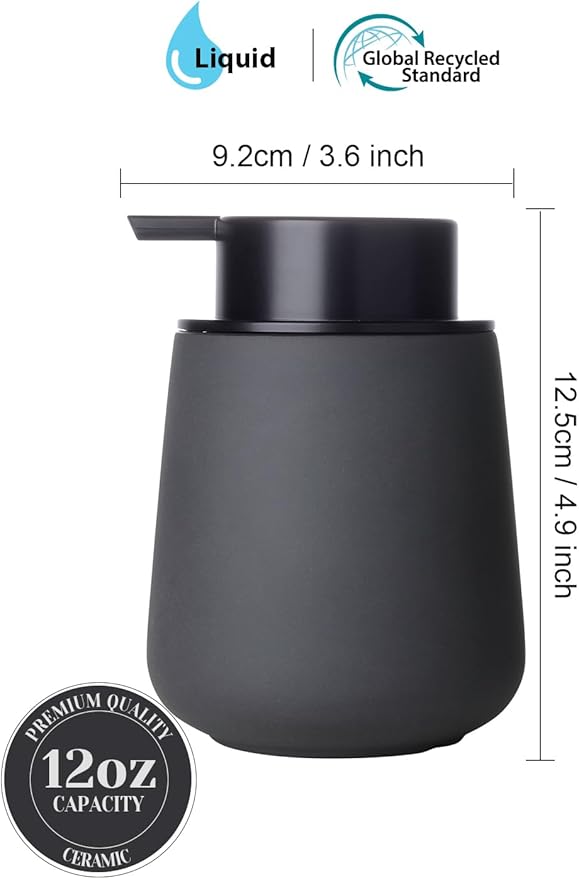 INGOFIN Ceramic Lotion Dispenser - 12oz Refillable Hand Soap Dispenser Bathroom, Modern Liquid Soap Dispenser with Pump, Dish Dispenser for Kitchen, Matte Grey
