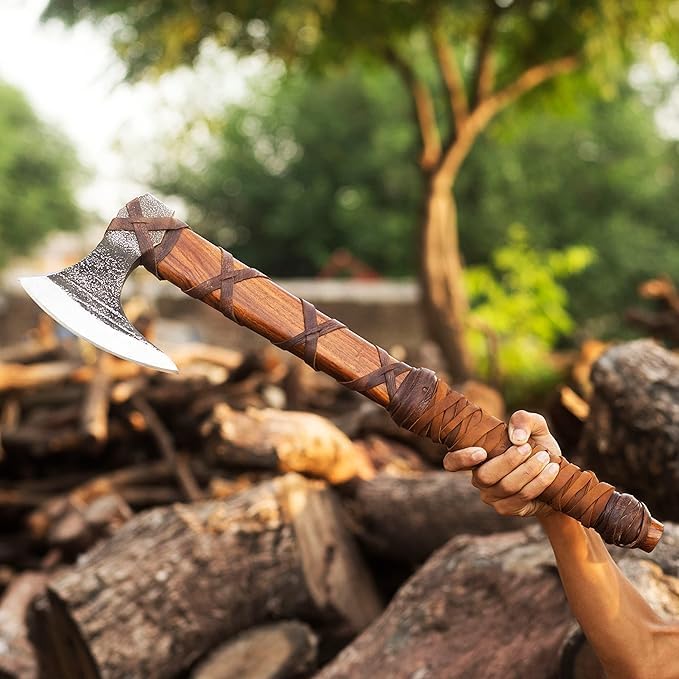 Handmade Viking Axe for Camping & Outdoor | High Carbon Steel with Ash Wood Handle & Origional Leather Sheath | Viking Gift for Men Prop Tools