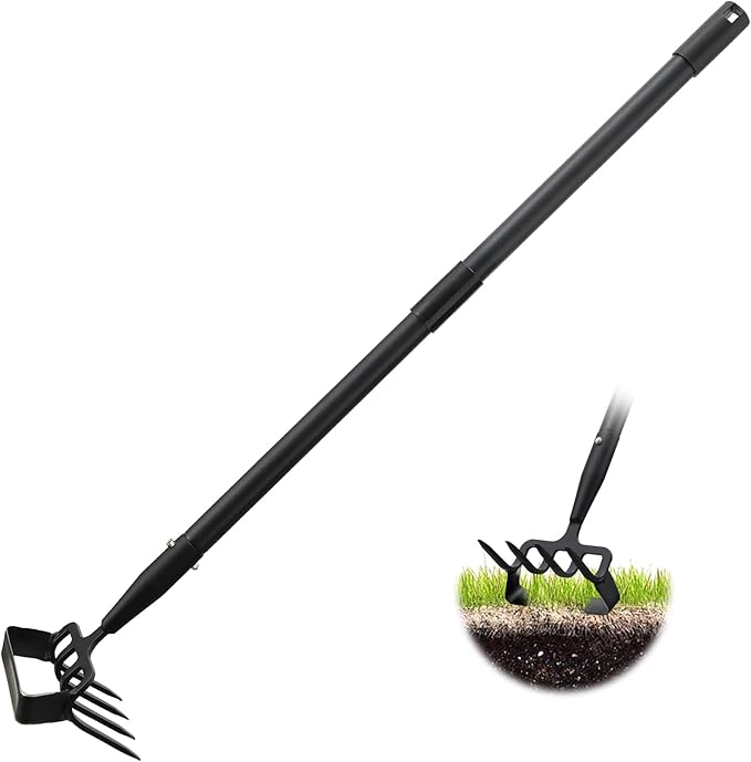 Weed Puller Gardening Tools, Hula Garden Hoe and 4 Tines Rake 2-in-1 Garden Tools for Weeding, Action Stirrup Hoe with Adjustable Long Handle for Lawn,Vegetable Garden Loose Soil,Weeding and Planting