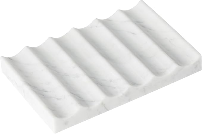 Carrara Marble Soap Dish - Self Draining Holder Keeps Soap Dry, Rectangular Tray for Shower, Bathroom & Jewelry Display (White)