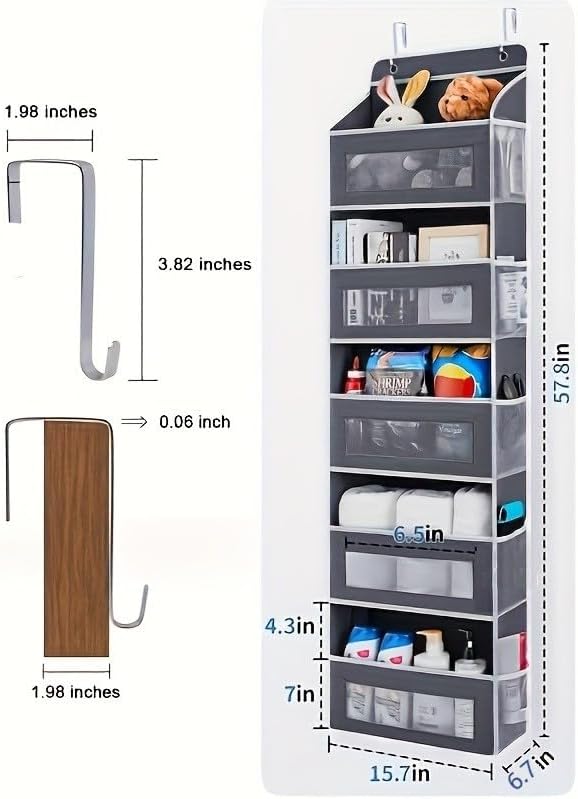 Over The Door Organizer Storage, 5 Shelf Hanging Door Organizer with 5 Large Capacity Pockets, Anti Tilt 44 lb Load Hanging Organizer for Bedroom, Bathroom, Pantry, Nursery (Grey, 1 Pack)
