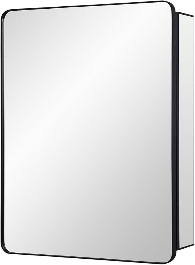 Black Bathroom Mirror Medicine Cabinet with Round Corner Framed Door 20 x 26 inch, Recessed or Surface Mount, with Adjustable Glass Shelves