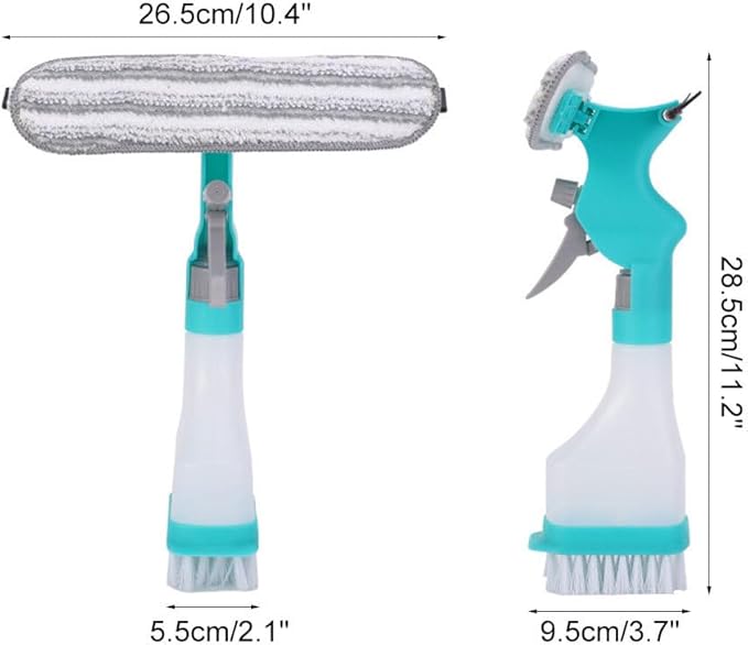 4 in 1 Window Cleaner, Spray Window Squeegee with Spray Bottle & Squeegee & Fabric Washer Head & Brush for Home Car Glass Cleaning