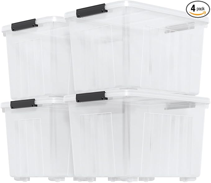Zopnny 4-Pack Storage Box, 70 Quart Storage Container with Lids and Secure Latching Buckles, Plastic Wheeled Storage Bin Stackable and Nestable, Ideal for Home and Industrial Storage