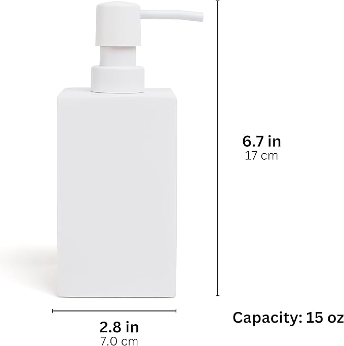 Matte White Soap Dispenser for Bathroom, 15oz Square Rustproof Liquid Hand Dish Soap Dispenser Pump for Kitchen Sink, Countertop, and Bathroom