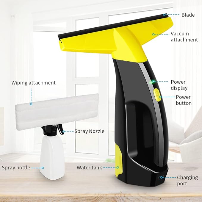Rechargeable Window Vac, Power Window Vacuum Cleaner Set, Window Squeegee Electric Cleaning Tool for Windows, Tiles, Mirrors, 200ml Water Tank