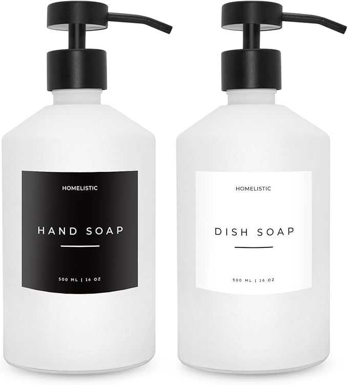 Luxury Glass Soap Dispenser Set of 2 - Elegant Aesthetic White Glass Bottles with Modern Matte Black Stainless Steel Pumps, Ideal for Kitchen, Bathroom, Hand Soap, Dish Soap, and More.