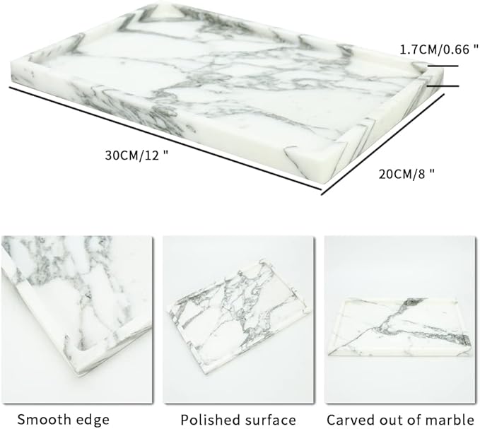 Real Luxurious Natural Marble Vanity Tray Genuine Marble Storage Tray for Home Decor Stone Tray for Bathroom/Kitchen/Vanity/Dresser Non-Resin/(arabescato)