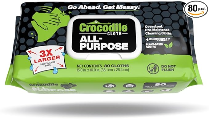 Crocodile Cloth All-Purpose Cleaning Wipes – 80 Count, 15"x10" Extra Large Plant-Based Disposable Cloths – Moist, Absorbent, Safe on Skin, Multi-Surface Use