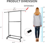 Fishat Black Simple Standard Rod Rolling Garment Clothes Rack, Metal Clothes Organizer with Lockable Wheels