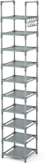 LANTEFUL Narrow Shoe Rack 10-Tier Tall Shoe Organizer Skinny Shoe Shelf Storage for 10-15 Pairs Shoe and Boot, Space Saving Corner Shoe Rack Organizer for Closet, Entryway, Living Room, Grey