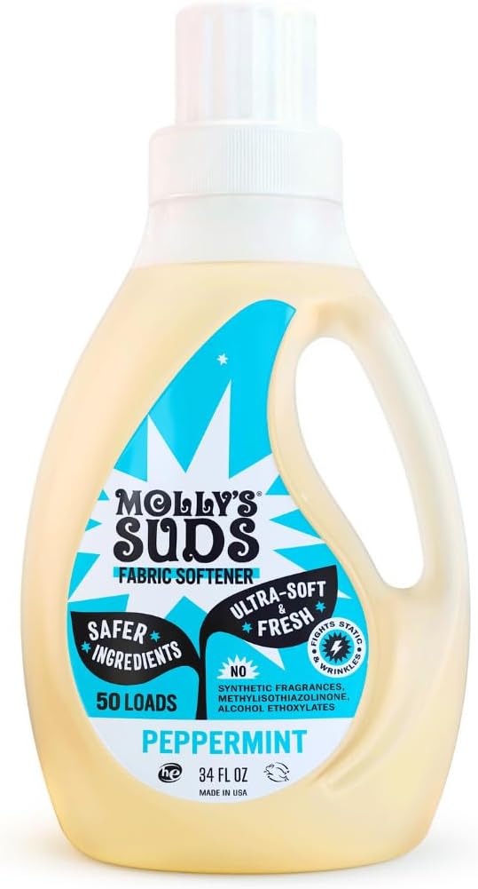 Molly’s Suds Fabric Softener Liquid for Sensitive Skin | Vinegar-Powered, Infused with Essential Oils | Fights Static, Reduces Wrinkles, Deodorizes | Peppermint, 50 Loads