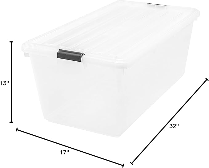 IRIS USA 91 Qt Stackable Plastic Storage Bins with Lids, 1 Pack - BPA-Free, See-Through Organizing Solution, Latches, Durable Nestable Containers, Secure Pull Handle, Made in USA - Clear