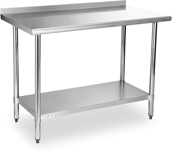 STABLEINK NSF Stainless Steel Table, 24 x 48 Inches Metal Prep & Work Table with Backsplash, Adjustable Undershelf and Table Foot, for Commercial Kitchen, Restaurant (Without Caster Wheels)