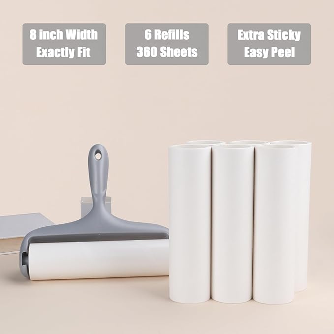 8 inch Large Surface Lint Roller Refills for Scotch-Brite 50% Stickier 8" Wide Lint Roller Replacement Refills for Pet Hair Extra Sticky 60 Sheets per Refill Pack of 6 Total 360 Sheets