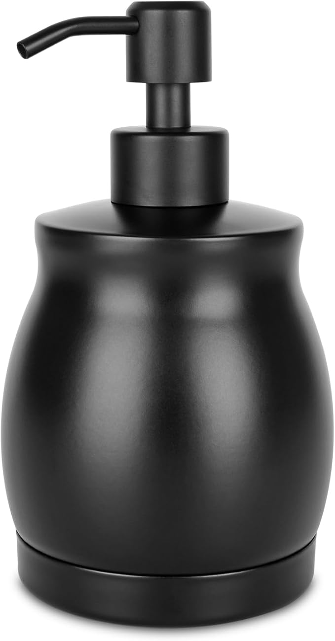 Black Stainless Steel Soap Dispenser, Modern Countertop Liquid & Lotion Dispenser for Kitchen and Bathroom-Rustproof Pump, Easy Refill & Clean-Elegant Home or Commercial Use (Black, 390ml)