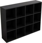 12-Cube Storage Shelf Bookcase - Wooden 3-Tier Floor Standing Open Bookshelf for Home and Office, Display Cabinet, Black
