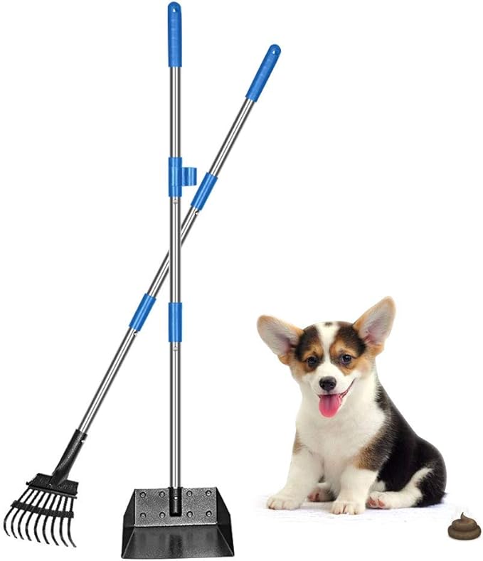QiMH Upgraded Dog Pooper Scooper Extra Large, Adjustable Long Handle Stainless Metal Pet Poop Tray and Rake Set for Large Medium Small Dogs, Dog Waste Removal Bin Rake, Great for Grass, Street, Gravel