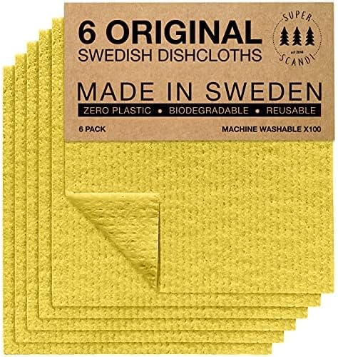 SUPERSCANDI 6 Pack Swedish Dishcloths for Kitchen - 100% Biodegradable & Compostable Reusable Paper Towels Washable, Food-Safe & Without Plastic - Dish Rags Suitable for Any Surface, Yellow