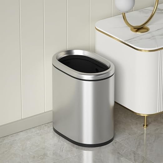 9L/2.4GAL Silver Bathroom Trash Can, Chrome Open Double Bin, Narrow Garbage Can for Bedroom, Hotel, Office, RV (Silver)