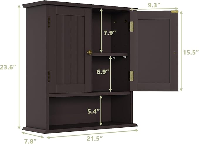 Smuxee Brown Bathroom Cabinet Wall Mounted, Small Medicine Cabinet with 2 Door Adjustable Shelves, Wall Cabinet Over Toilet for Laundry Room Kitchen