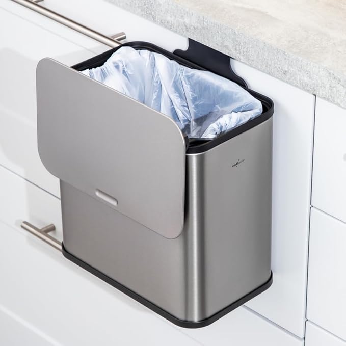 RED FACTOR Stainless Steel Hanging Trash Can with Lid and Inner Bucket – Slim 1.3 Gallon Odor-Free Compost Bin for Kitchen Cabinet, Countertop, Under Sink, or Bathroom (Metallic Gray)