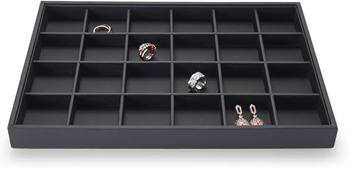 Oirlv Stackable Jewelry Organizer Tray Premium Leather 24 Grid Jewelry Drawer Organizer Dresser Tabletop Trinket Earring Ring Storage