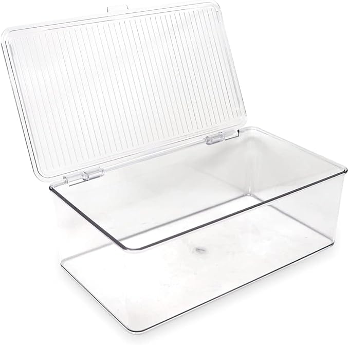 Isaac Jacobs Medium Stackable Organizer Bin (10.75”x6.5”x3.7”) w/ Hinged Lid, Clear Storage Box, Home, Office, School, Fridge, Bathroom, Kitchen, Pantry Container, BPA-Free, Food Safe (Medium, Clear)