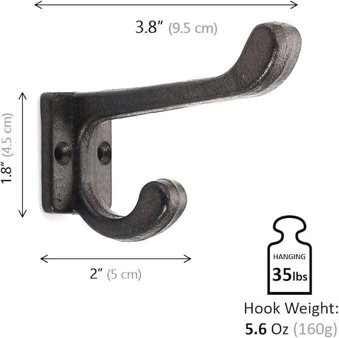 Ambipolar 5 Pack Decorative Cast Iron Heavy Duty Double Hooks, Wall Mounted Coat Hooks, Vintage Inspired (Antique Black) (Modern Type)