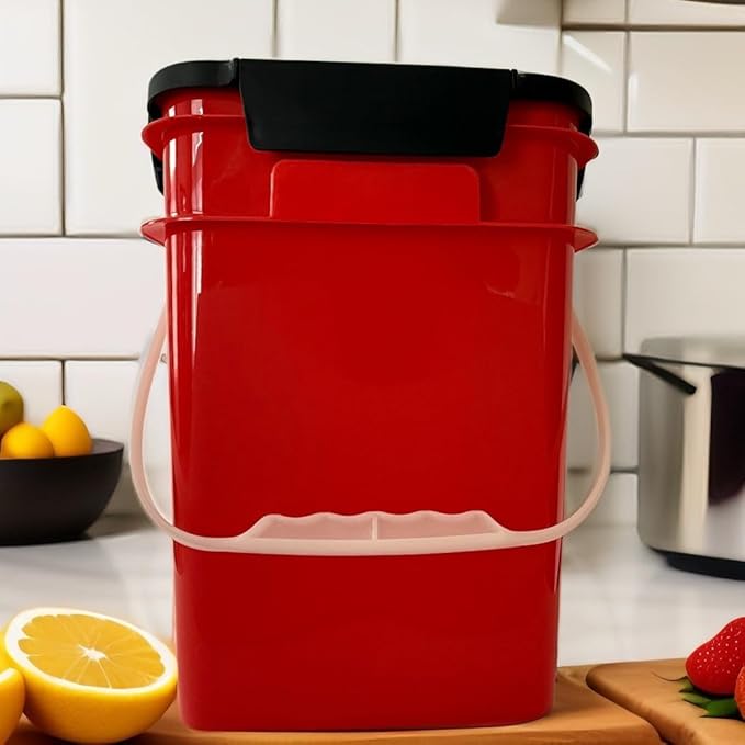 House Naturals 4 Gallon Square Food Grade Bucket Pail with Plastic Handles and Lid (Pack of 3) Made in USA containers (Red - Black lids)