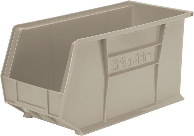 Akro-Mils 30265 AkroBins Plastic Storage Bins, Space-Saving Stackable Bins for Garage, Pantry, Craft Organization, 18-Inch x 8.25-Inch x 9-Inch, Stone, 6-Pack
