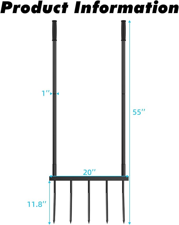 Broadfork Garden Tool Heavy Duty, 5 Tines Broad Fork for Gardening, U-Shaped Garden Fork for Loosening Soil, 20 in. Wide Broadforks for Gardening, 55 in. Heigh