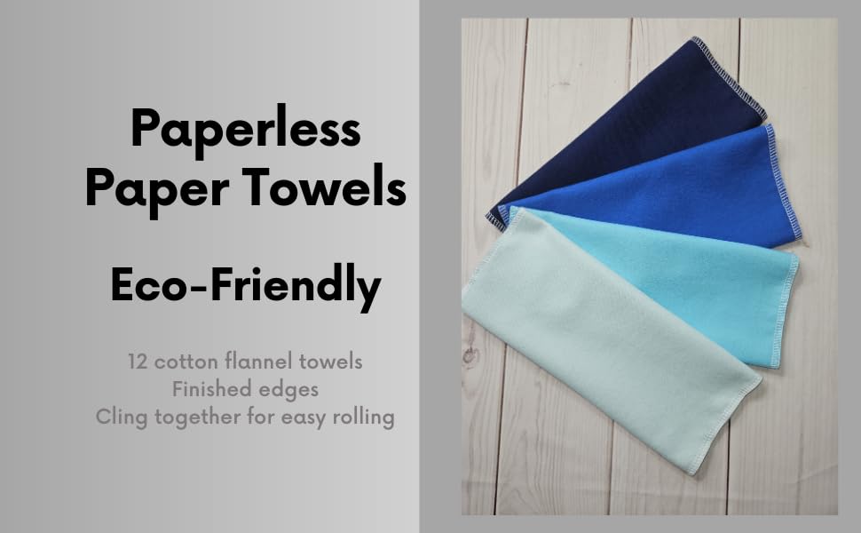 Paperless Towels, 12-12" X 10" Washable Paper Towels, Reusable Paper Towels, 100% Cotton (Blues)