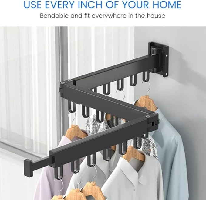 Clothes Drying Rack Wall Mounted Retractable, Aluminum Collapsible Laundry Organizer, Space-Saver Hanger Holds Quilts for Bedroom Bathroom Balcony (Black)