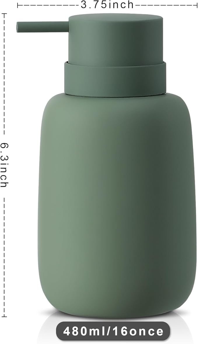 Green Soap Dispenser Bathroom,Ceramic Soap Dispenser Lotion Pump Dish Soap Dispenser for Kitchen,16oz Refillable Liquid Hand Wash Dispenser for Bathroom (Rubber Paint)