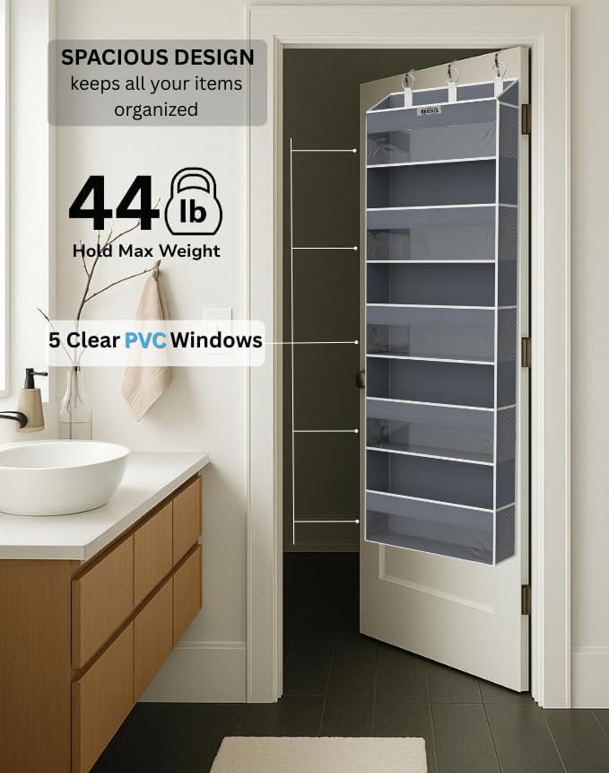 Over the Door Organizer with 5 Large Pockets & 10 Mesh Side Pockets – Durable Hanging Storage for Closet, Bathroom, Bedroom, and Pantry – Space Saving Door Storage with Sturdy Metal Hooks.
