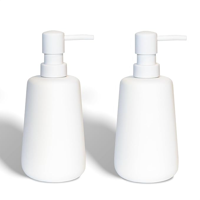 2 Pack Matte White Ceramic Soap Dispenser, 13 oz Refillable Bathroom or Kitchen Countertop Dispenser with Soft Touch Rubber Coating, Matte White