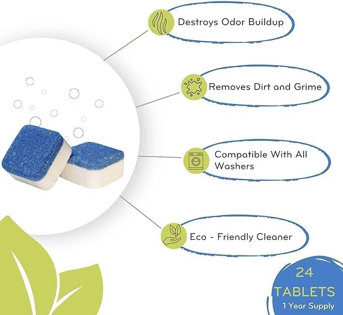 Washing Machine Cleaner Tablets For Front & Top Load Washers Including H.E. to Remove Pet Hair, & debris from drum, pipes, and filter.