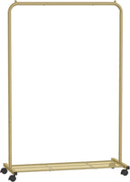 SONGMICS Clothes Rack with Wheels, Clothing Rack for Hanging Clothes, 25.4 mm Metal Garment Rack with Dense Mesh Storage Shelf, 110 lb Load Capacity, 2 Brakes, Gold UHSR025A01