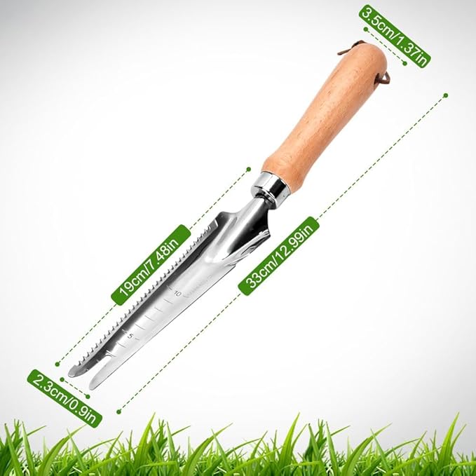 5-in-1 Weed Puller Tool with Wood Handle, Multifunctional 13inch Wooden Trowel Garden Tool, Trowel Garden Tool for Planting Weeding Digging Transplanting Cutting Measuring (1 PCS)